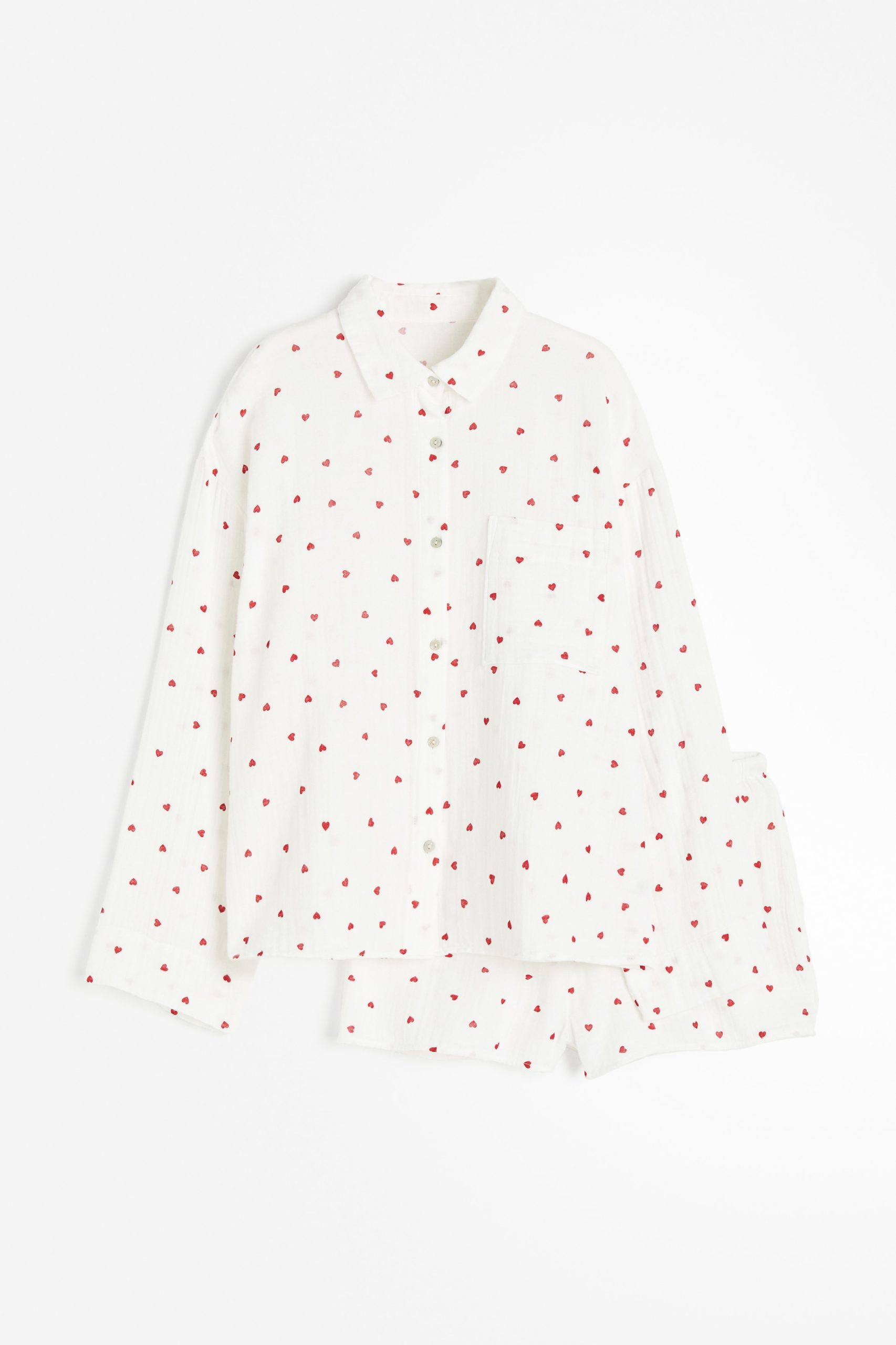pizama-damska-hm-144buh.jpg Piżama z koszulą i szortami Biały/Serca ONA | H&M PL - obrazek 1