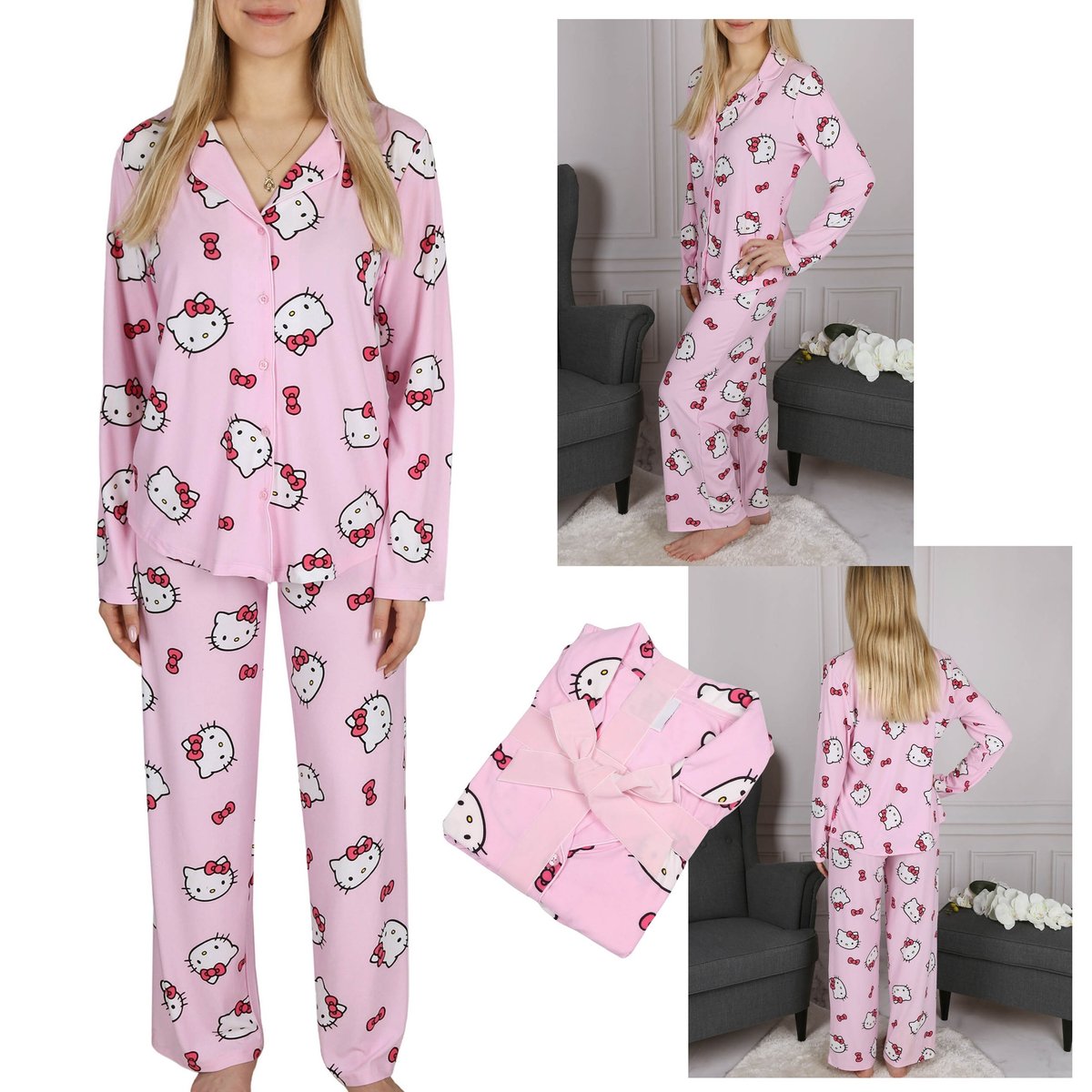pizama-hello-kitty-944fyf.jpg Hello Kitty Damska, różowa piżama z długim rękawem, szerokie nogawki, zapinana na guziki XL - obrazek 1