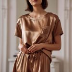 Jedwabna piżama damska SILK MOON złoty beż t shirt oversize i spodenki jedwabne do spania