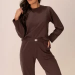 Piżama damska długi rękaw i długie spodnie/ komplet loungewear brąz Muzzy
