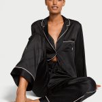 Victoria's Secret Satynowa piżama z długim rękawem Black Victoria's Secret PL